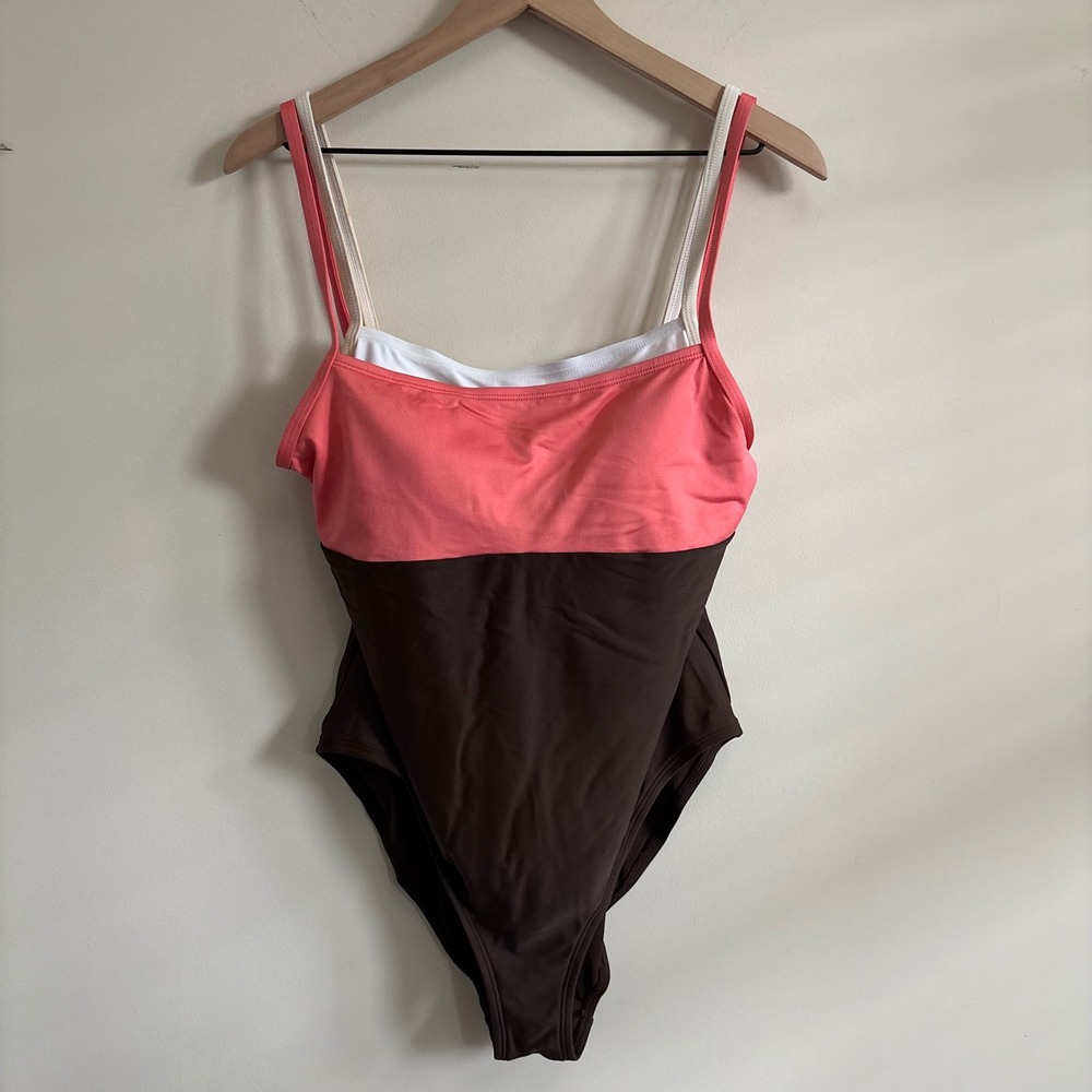 St. Johns Bay Colorblock One Piece Swimsuit Brown Pink White Size 16